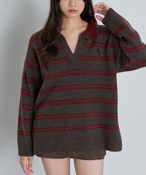 RAY CASSIN（レイカズン）の「【2サイズ展開】ボーダースキッパーポロ刺繍ニット（ニット/セーター・レディース・グレー/アイボリー/ブラウン/ネイビー/ブラウン系その他2/ブルー系その他2/レッド・FREE/S）」の4枚目の写真