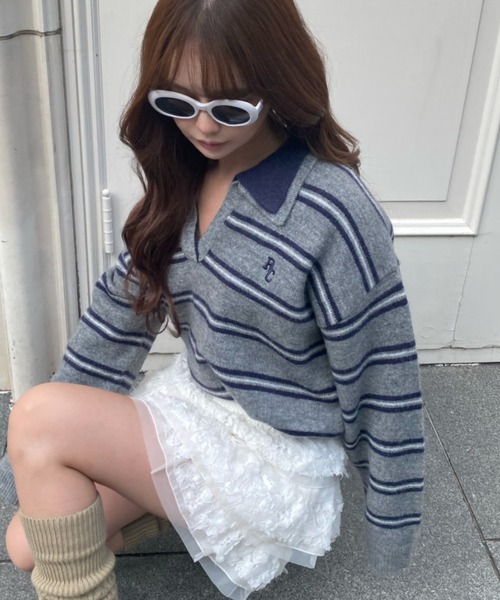 ボーダースキッパーポロ刺繍ニット（ニット/セーター）｜RAY