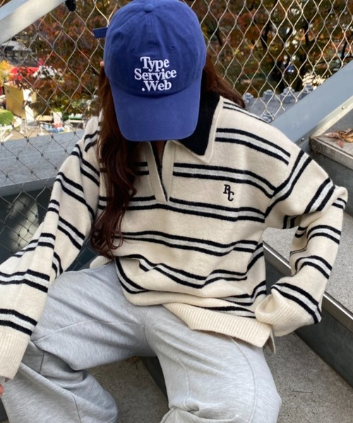 RAY CASSIN（レイカズン）の「【2サイズ展開】ボーダースキッパーポロ刺繍ニット（ニット/セーター・レディース・グレー/アイボリー/ブラウン/ネイビー/ブラウン系その他2/ブルー系その他2/レッド・FREE/S）」の2枚目の写真