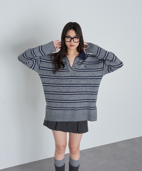 RAY CASSIN（レイカズン）の「【2サイズ展開】ボーダースキッパーポロ刺繍ニット（ニット/セーター・レディース・グレー/アイボリー/ブラウン/ネイビー/ブラウン系その他2/ブルー系その他2/レッド・FREE/S）」の14枚目の写真