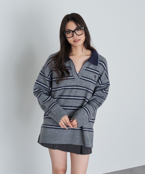 RAY CASSIN（レイカズン）の「【2サイズ展開】ボーダースキッパーポロ刺繍ニット（ニット/セーター・レディース・グレー/アイボリー/ブラウン/ネイビー/ブラウン系その他2/ブルー系その他2/レッド・FREE/S）」の18枚目の写真