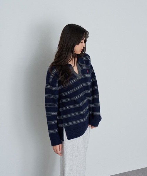 RAY CASSIN（レイカズン）の「【2サイズ展開】ボーダースキッパーポロ刺繍ニット（ニット/セーター・レディース・グレー/アイボリー/ブラウン/ネイビー/ブラウン系その他2/ブルー系その他2/レッド・FREE/S）」の19枚目の写真