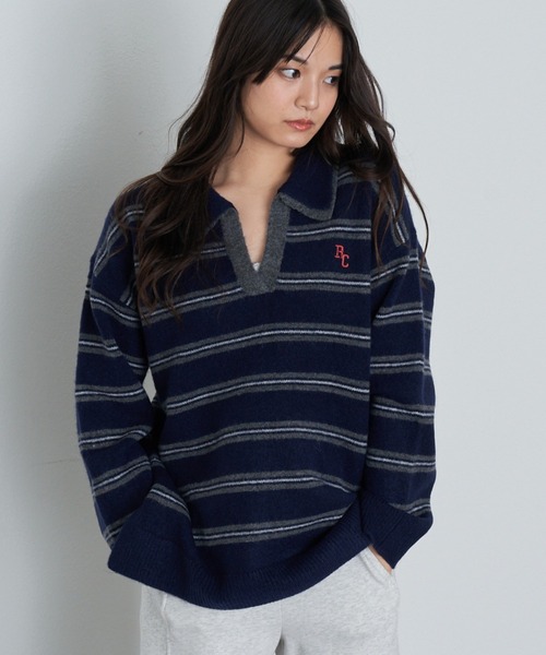 RAY CASSIN（レイカズン）の「【2サイズ展開】ボーダースキッパーポロ刺繍ニット（ニット/セーター・レディース・グレー/アイボリー/ブラウン/ネイビー/ブラウン系その他2/ブルー系その他2/レッド・FREE/S）」の9枚目の写真