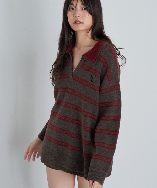 RAY CASSIN（レイカズン）の「【2サイズ展開】ボーダースキッパーポロ刺繍ニット（ニット/セーター・レディース・グレー/アイボリー/ブラウン/ネイビー/ブラウン系その他2/ブルー系その他2/レッド・FREE/S）」の22枚目の写真