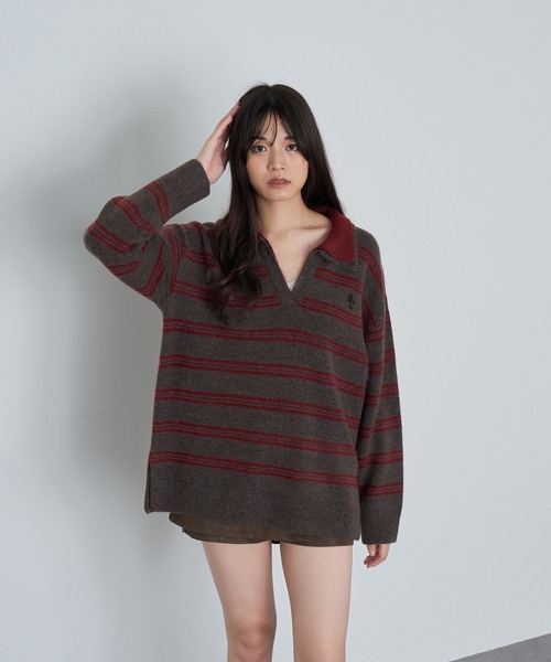 RAY CASSIN（レイカズン）の「【2サイズ展開】ボーダースキッパーポロ刺繍ニット（ニット/セーター・レディース・グレー/アイボリー/ブラウン/ネイビー/ブラウン系その他2/ブルー系その他2/レッド・FREE/S）」の12枚目の写真