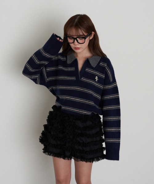 ずん ボーダースキッパーポロ刺繍ニット（ニット/セーター）｜RAY CASSIN