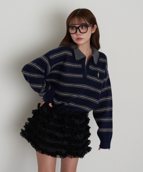 2サイズ展開】ボーダースキッパーポロ刺繍ニット（ニット/セーター