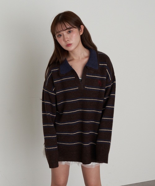 ボーダースキッパーポロ刺繍ニット（ニット/セーター）｜RAY CASSIN