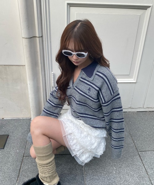 2サイズ展開】ボーダースキッパーポロ刺繍ニット（ニット/セーター