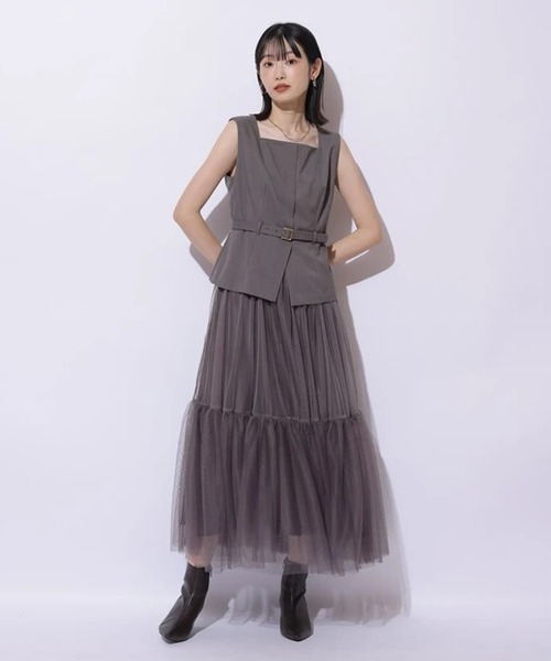 17【新品タグ付】 Mystrada ラメレースドッキングワンピース　ブルー ジレドッキングワンピース（ワンピース）｜Mystrada（マイ