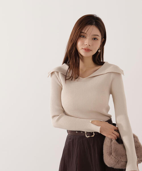 PROPORTION BODY DRESSING(プロポーションボディドレッシング)の「オープンカラーリブニット / 1215270015(ニット/セーター・レディース・ピンク/パープル/ベージュ・FREE)」の7枚目の写真