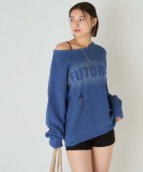 WHO'S WHO gallery(フーズフーギャラリー)の「DISTRESSED SPRAY LOGO KNIT/ダメージスプレーロゴニット(ニット/セーター・レディース・グレー/ブルー/ダークブラウン・FREE)」の5枚目の写真