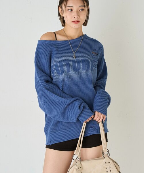 WHO'S WHO gallery(フーズフーギャラリー)の「DISTRESSED SPRAY LOGO KNIT/ダメージスプレーロゴニット(ニット/セーター・レディース・グレー/ブルー/ダークブラウン・FREE)」の6枚目の写真