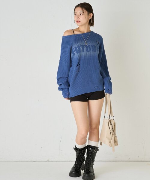 WHO'S WHO gallery(フーズフーギャラリー)の「DISTRESSED SPRAY LOGO KNIT/ダメージスプレーロゴニット(ニット/セーター・レディース・グレー/ブルー/ダークブラウン・FREE)」の8枚目の写真