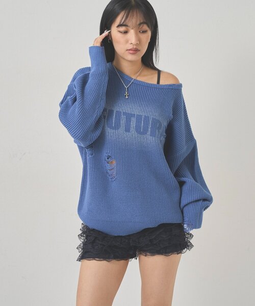WHO'S WHO gallery(フーズフーギャラリー)の「DISTRESSED SPRAY LOGO KNIT/ダメージスプレーロゴニット(ニット/セーター・レディース・グレー/ブルー/ダークブラウン・FREE)」の9枚目の写真
