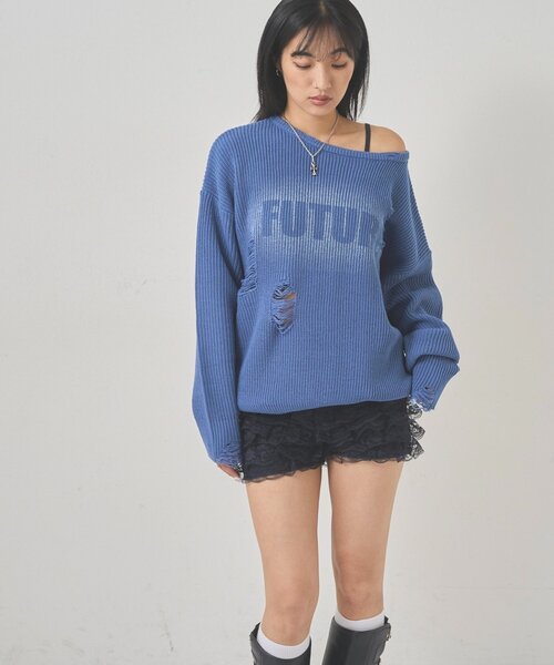 WHO'S WHO gallery(フーズフーギャラリー)の「DISTRESSED SPRAY LOGO KNIT/ダメージスプレーロゴニット(ニット/セーター・レディース・グレー/ブルー/ダークブラウン・FREE)」の11枚目の写真