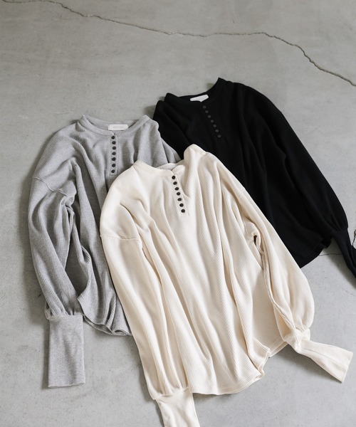 select MOCA(セレクトモカ)の「サーマルヘンリーネックビッグロンT(Tシャツ/カットソー・レディース・アイボリー/ブラック/グレー・FREE)」の8枚目の写真