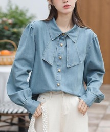 リボンデザインデニムシャツ