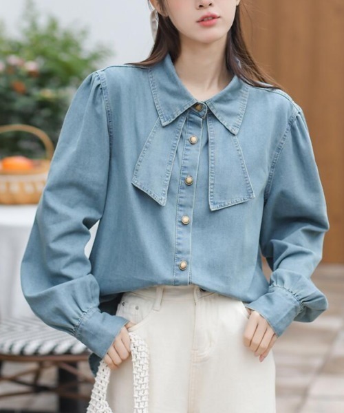 semplice(センプリチェ)の「リボンデザインデニムシャツ(シャツ/ブラウス・レディース・ブルー/ダークブルー・M/L)」の1枚目の写真