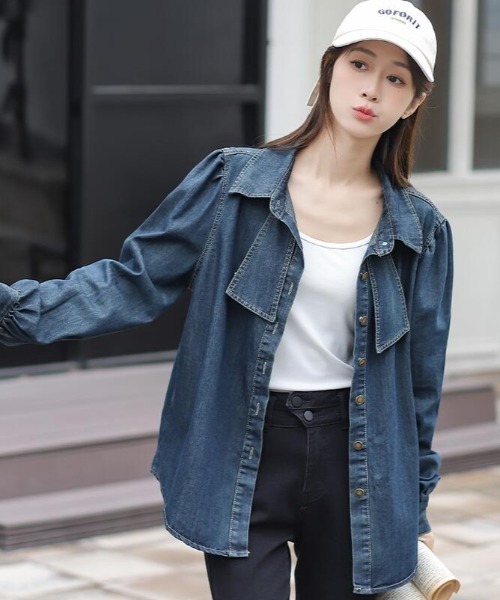 semplice(センプリチェ)の「リボンデザインデニムシャツ(シャツ/ブラウス・レディース・ブルー/ダークブルー・M/L)」の7枚目の写真