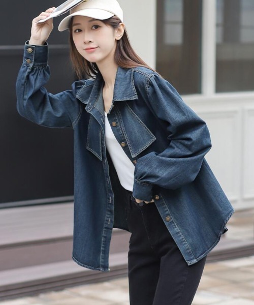 semplice(センプリチェ)の「リボンデザインデニムシャツ(シャツ/ブラウス・レディース・ブルー/ダークブルー・M/L)」の4枚目の写真