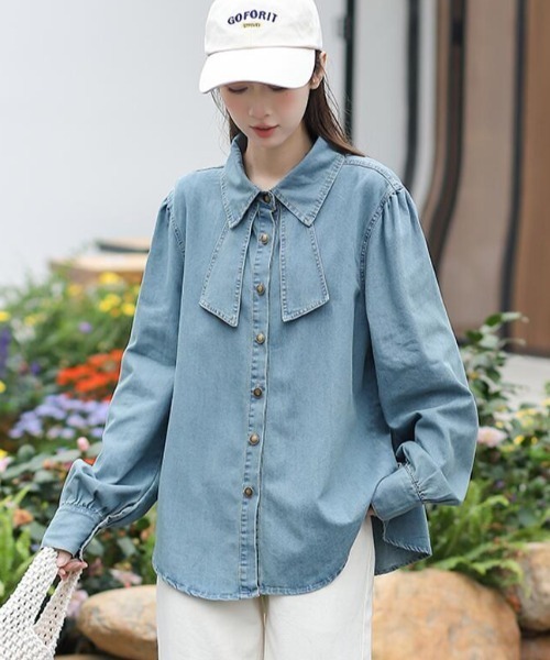 semplice(センプリチェ)の「リボンデザインデニムシャツ(シャツ/ブラウス・レディース・ブルー/ダークブルー・M/L)」の12枚目の写真
