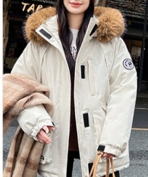 フェイクファーフード付き スタンドカラー エコダウンコート