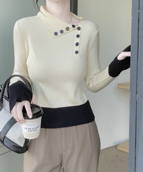 FAVORITO(ファヴォリート)の「配色ニットトップス(ニット/セーター・レディース・ベージュ/ダークブルー/ブラック・F)」の16枚目の写真
