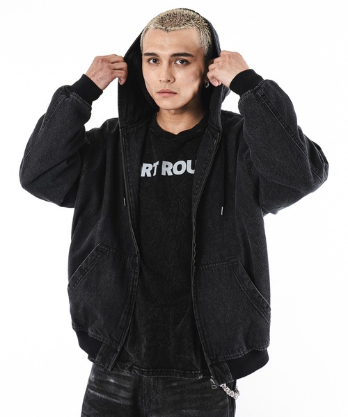 SHORT ROUND（ショートラウンド）の「SHORT ROUND/フードデニムブルゾン（ブルゾン・メンズ・スカイブルー/ブラック系3・LARGE/MEDIUM）」の5枚目の写真