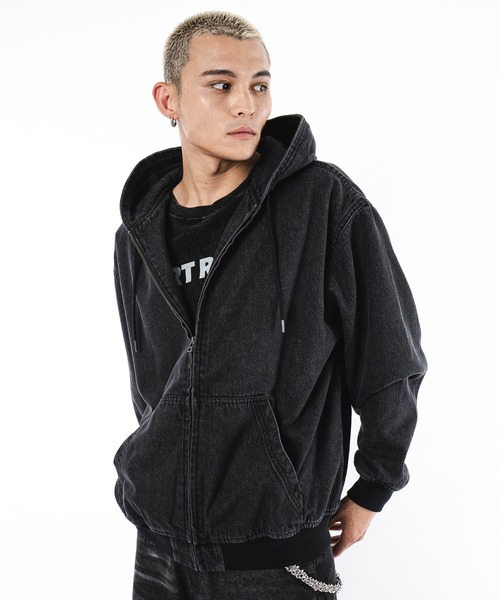 SHORT ROUND（ショートラウンド）の「SHORT ROUND/フードデニムブルゾン（ブルゾン・メンズ・スカイブルー/ブラック系3・LARGE/MEDIUM）」の7枚目の写真