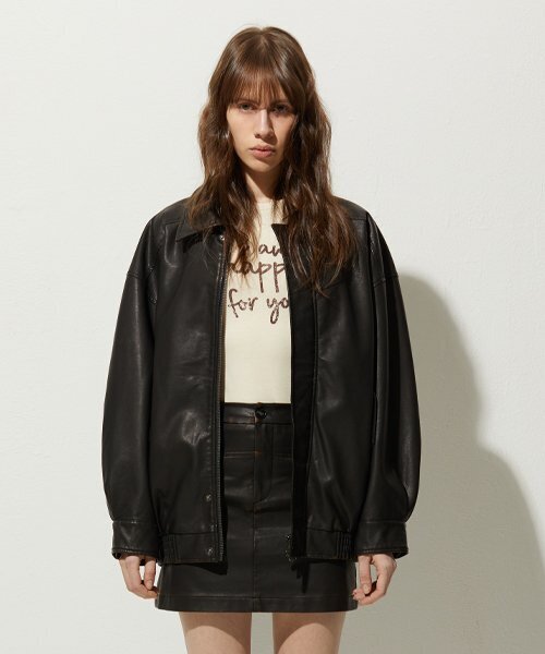 黒ジャケット 465-1 VINTAGE COATED LEATHER LOOSE FIT JUMPER_BLACK（ライダース
