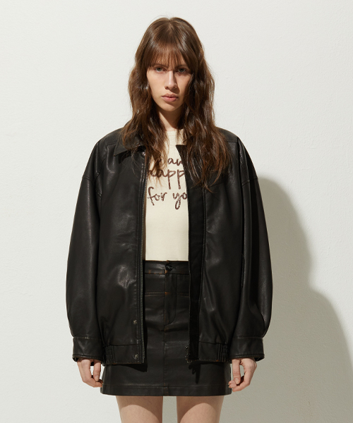 465-1 VINTAGE COATED LEATHER LOOSE FIT JUMPER_BLACK（ライダース