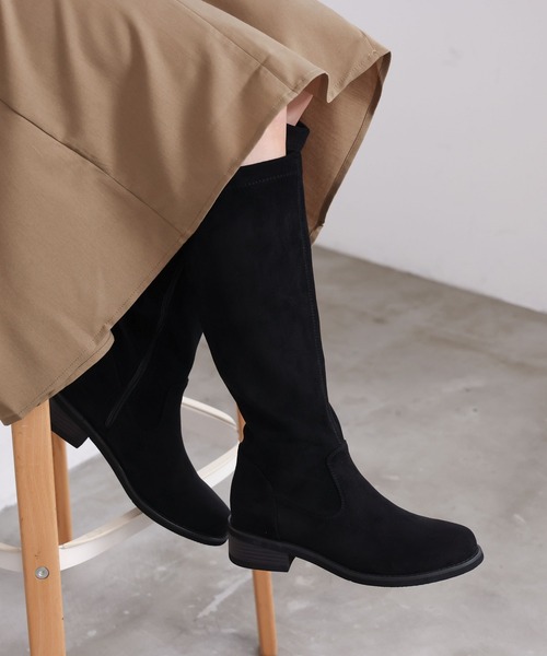 未使用級☆HIMIKO ポインテッド ロングブーツ ブラック スエード 24cm HIMIKO】ラウンドトゥストレッチロングブーツ/651424（ブーツ