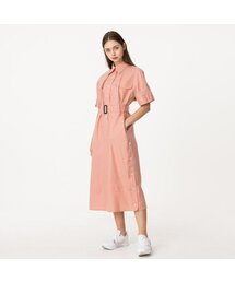 綿麻シャツカラー半袖ストリングロングワンピースジンピンク