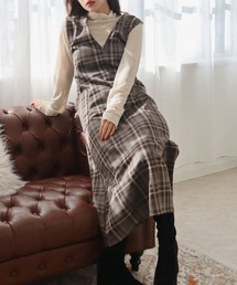 CECIL McBEE | ウールライク深Vネックチェックジャンスカ(ワンピース)