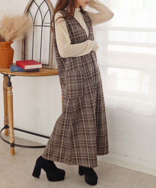 CECIL McBEE（セシルマクビー）の「ウールライク深Vネックチェックジャンスカ（ワンピース・レディース・ブラウン・MEDIUM/LARGE）」の5枚目の写真
