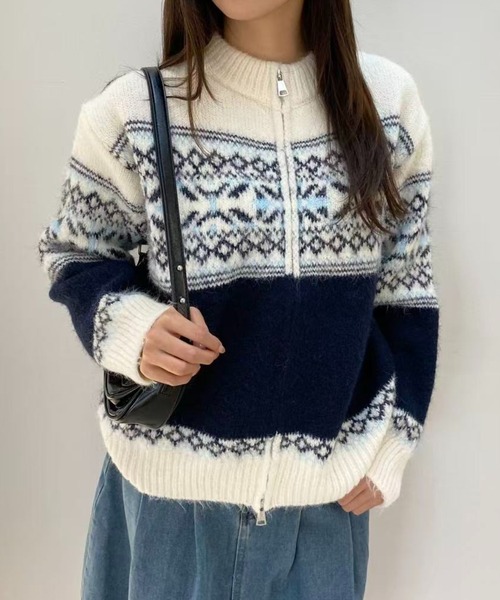 mebole（メボレ）の「ゆったりフェアアイルジップニットカーディガン（カーディガン/ボレロ・レディース・ブラウン/ホワイト/ネイビー・FREE）」の4枚目の写真