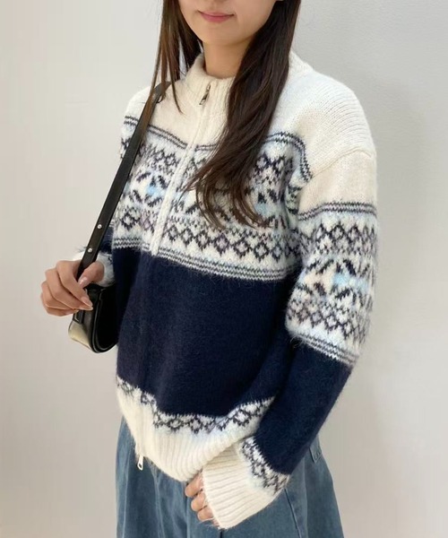 mebole（メボレ）の「ゆったりフェアアイルジップニットカーディガン（カーディガン/ボレロ・レディース・ブラウン/ホワイト/ネイビー・FREE）」の5枚目の写真