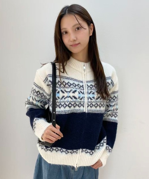 mebole（メボレ）の「ゆったりフェアアイルジップニットカーディガン（カーディガン/ボレロ・レディース・ブラウン/ホワイト/ネイビー・FREE）」の10枚目の写真