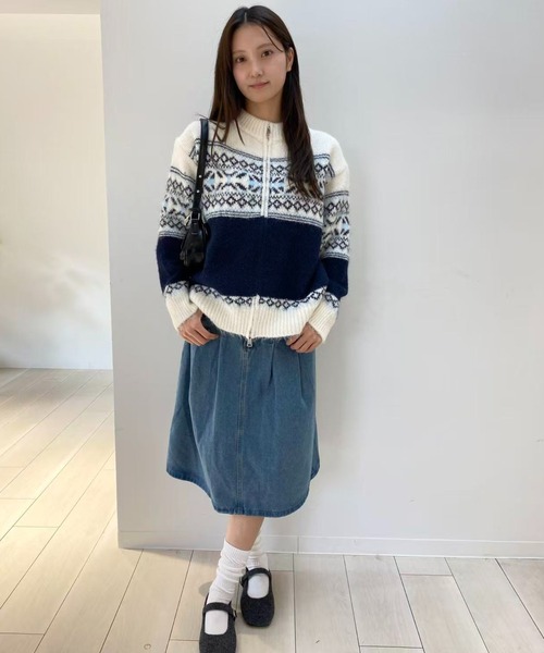 mebole（メボレ）の「ゆったりフェアアイルジップニットカーディガン（カーディガン/ボレロ・レディース・ブラウン/ホワイト/ネイビー・FREE）」の13枚目の写真