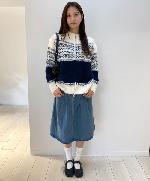 mebole（メボレ）の「ゆったりフェアアイルジップニットカーディガン（カーディガン/ボレロ・レディース・ブラウン/ホワイト/ネイビー・FREE）」の14枚目の写真