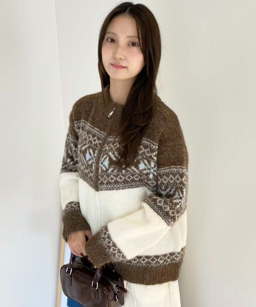 mebole（メボレ）の「ゆったりフェアアイルジップニットカーディガン（カーディガン/ボレロ・レディース・ブラウン/ホワイト/ネイビー・FREE）」の22枚目の写真