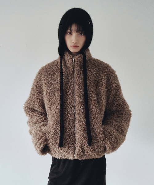High-neck Boucle Fur Jacket (Brown)