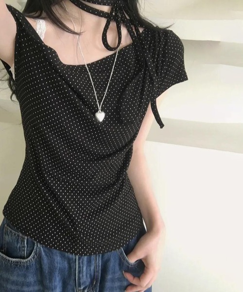 SHEPP(シープ)の「【半袖】ストラップチョーカー付ドット柄ワンショルトップス(Tシャツ/カットソー・レディース・ホワイト/ブラック/ピンク・L/M)」の8枚目の写真