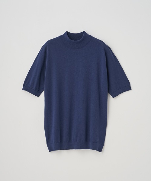 JOHN SMEDLEY(ジョンスメドレー)の「モックネック半袖コットンニットTシャツ(ニット/セーター・メンズ・ネイビー系1・L/M/S)」の1枚目の写真