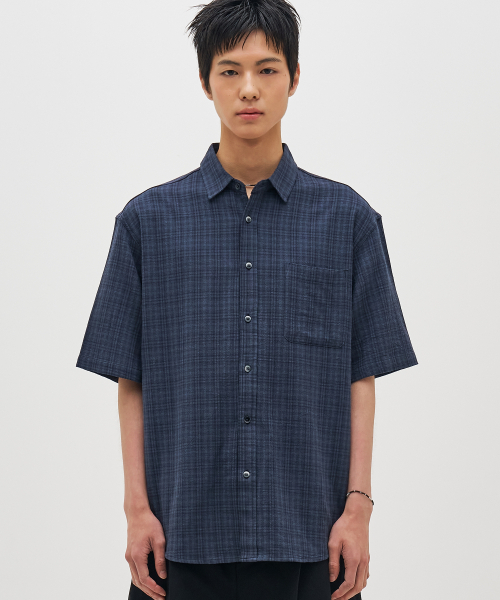 BASEMOMENT(ベースモーメント)の「シェドーチェックリネンハーフシャツネイビー(シャツ/ブラウス・メンズ・その他・MEDIUM/LARGE)」の1枚目の写真