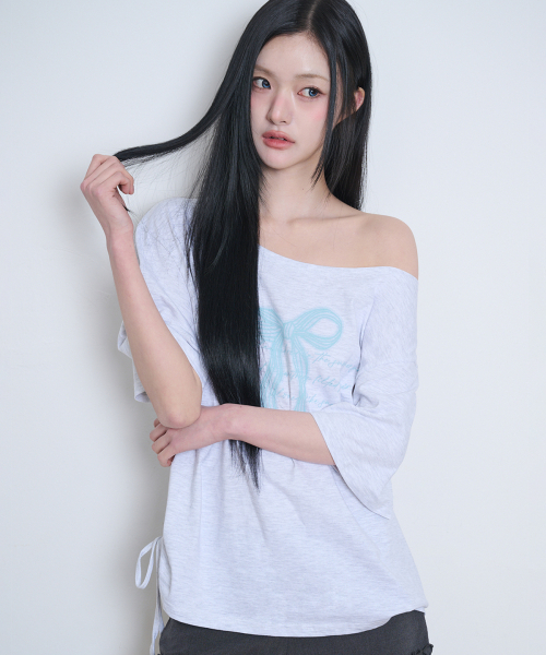 ILLIGO(イリゴ)の「リボンシャーリングオフショルダーティーシャツバックメランジ(Tシャツ/カットソー・レディース・その他・ONE SIZE)」の3枚目の写真