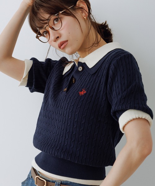 BEVERLY HILLS POLO CLUB（ビバリーヒルズポロクラブ）の「【BEVERLY HILLS POLO CLUB別注】ポロカラーケーブルニット/リンクコーデ（ニット/セーター・レディース・ダークブラウン/キナリ/ネイビー/クリーム・FREE）」の4枚目の写真