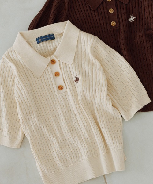 BEVERLY HILLS POLO CLUB（ビバリーヒルズポロクラブ）の「【BEVERLY HILLS POLO CLUB別注】ポロカラーケーブルニット/リンクコーデ（ニット/セーター・レディース・ダークブラウン/キナリ/ネイビー/クリーム・FREE）」の2枚目の写真