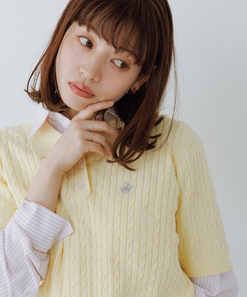 BEVERLY HILLS POLO CLUB（ビバリーヒルズポロクラブ）の「【BEVERLY HILLS POLO CLUB別注】ポロカラーケーブルニット/リンクコーデ（ニット/セーター・レディース・ダークブラウン/キナリ/ネイビー/クリーム・FREE）」の3枚目の写真